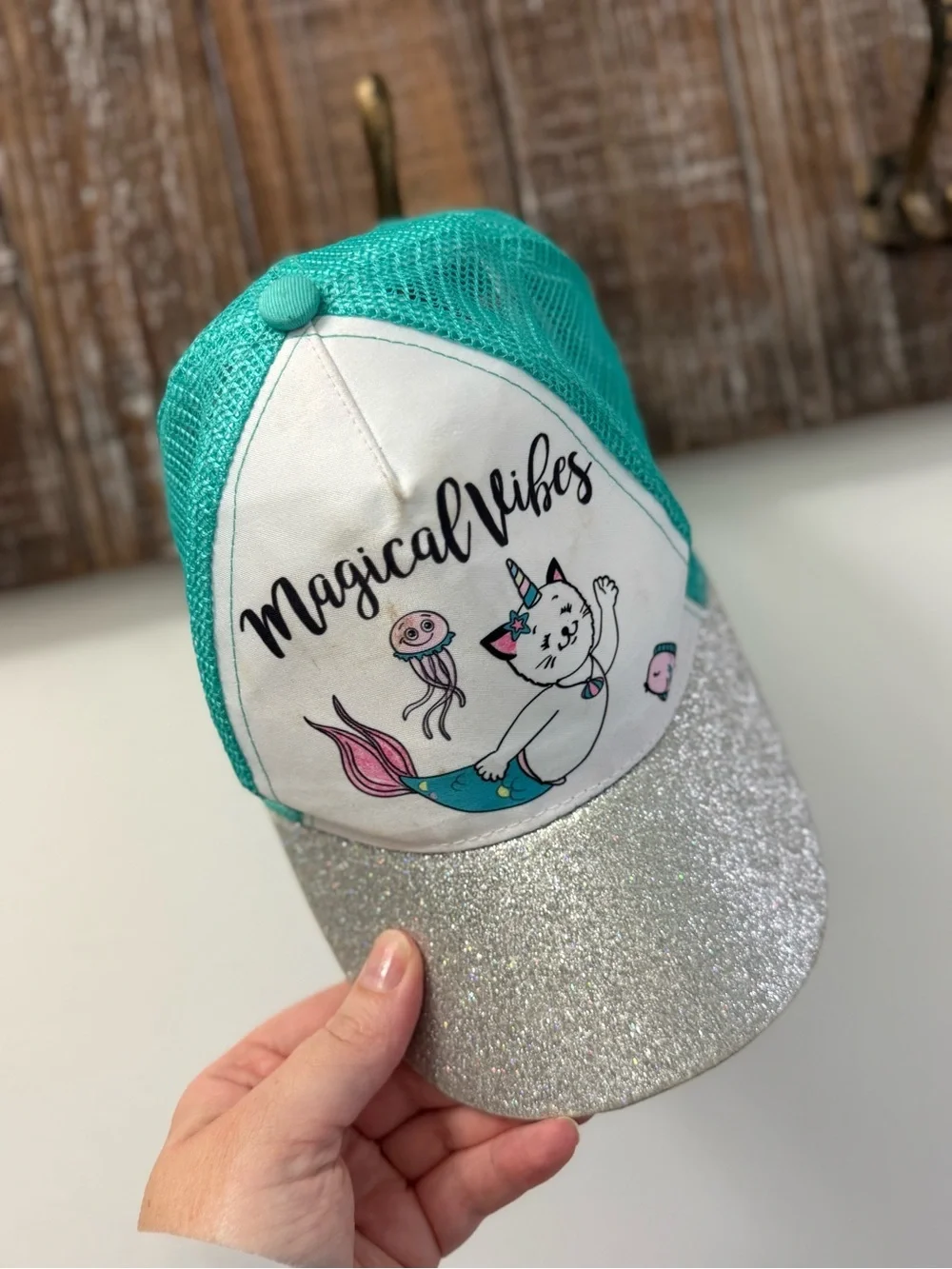 Magical Vibes Mesh Trucker Hat in Teal & Gray